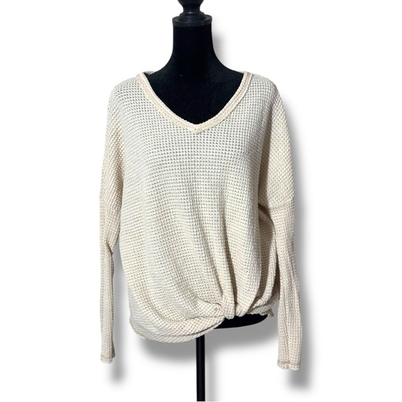 LA MIEL Tops - La Miel Cozy V-Neck Front Tuck Relaxed Fit Chic Cream Knit Pullover
